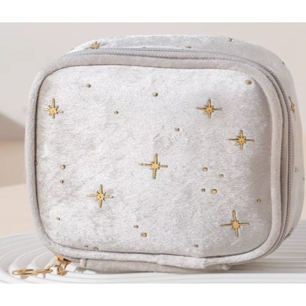 Celestial Stars Silver Velour Gold Embroidered Zip Travel Bag Small Portable NEW